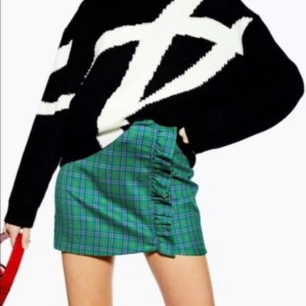 Topshop Green Plaid Ruffle Mini Skirt Sz 6